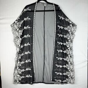 Time & Tru Black Sheer Kimono Duster White Floral Lace Trim Women Size Large/XL